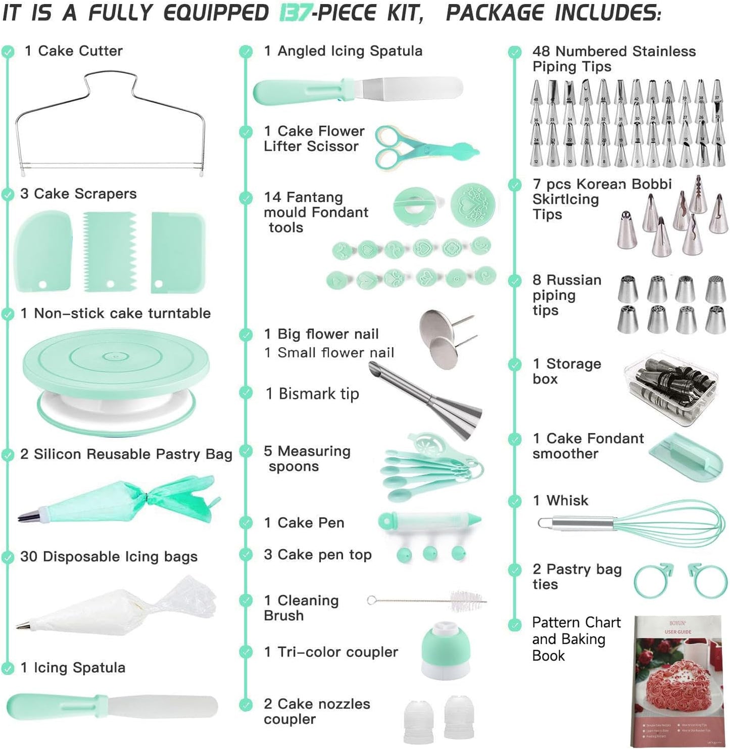 Cake Decorating Kit,137pcs Cake Decorating Supplies with Cake Turntable for Decorating,Pastry Piping Bag,Russian Piping Tips Baking Tools, Cake Baking Supplies for Beginners(Green)