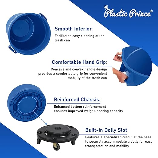 PLASTIC PRINCE 44 Gallon Round Trash Can with Lid and Dolly Blue Plastic Commercial Garbage Container for Home Garage Restaurants Warehouses - Bundle