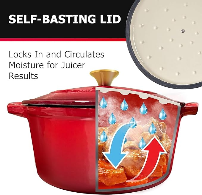 MUELLER HOME 7.5 QT Enameled Cast Iron Dutch Oven, Heavy-Duty Casserole Dish and Braiser Pan with Lid and Stainless Knob, Oven-Safe up to 500° F & Across All Cooktops, Red