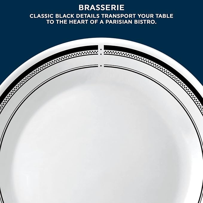 Corelle 18-Piece Round Dinnerware Set Service for 6, Lightweight Round Plates and Bowls Set, Vitrelle Triple Layer Glass, Chip and Scratch Resistant, Microwave and Dishwasher Safe, Brasserie
