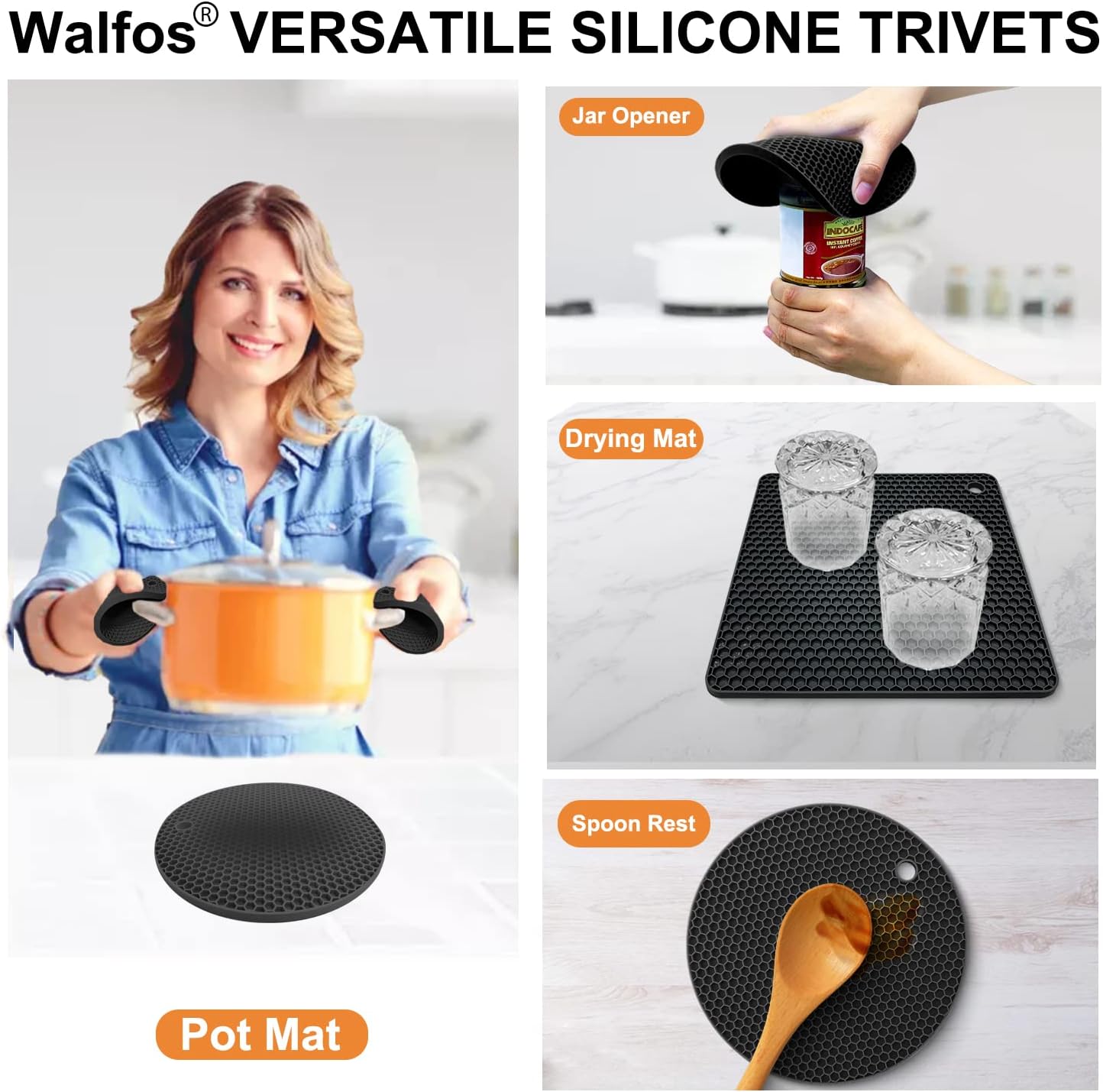 Walfos Silicone Trivet Mats - 4 Heat Resistant Pot Holders, Multipurpose Non-Slip Hot Pads for Kitchen Potholders, Hot Dishers, Jar Opener, Spoon Holder, Food Grade and BPA Free (Red)