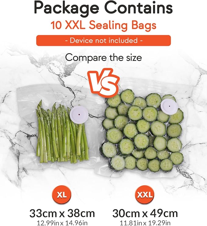 Reusable Vacuum Sealer Bags for Food, XXL 10 Pack (30 x 49 cm / 11.8 x 19.3 in) – BPA‐Free Leak‐Proof Zip Bags with Air Valve, Freezer & Sous Vide Safe, Works with Handheld Sealers