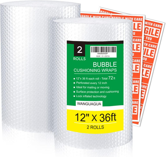 2 Pack 12 Inch x 72 ft Total Bubble Packing Wrap for Moving Boxes Shipping Cushioning Supplies Perforated Every 12”