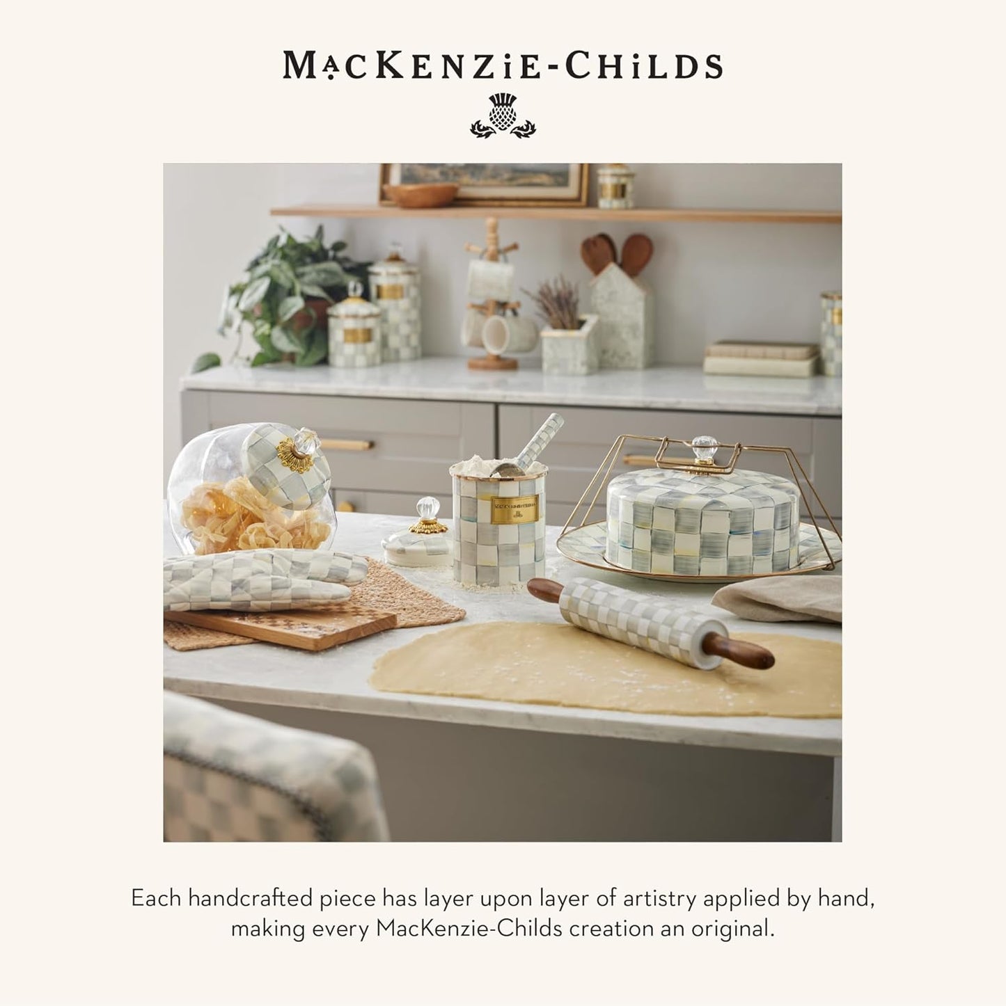MACKENZIE-CHILDS Enamel Salad Serving Set, Enamel Bowl and Wooden Salad Servers, Decorative Kitchen Set, Gray-and-White Sterling Check