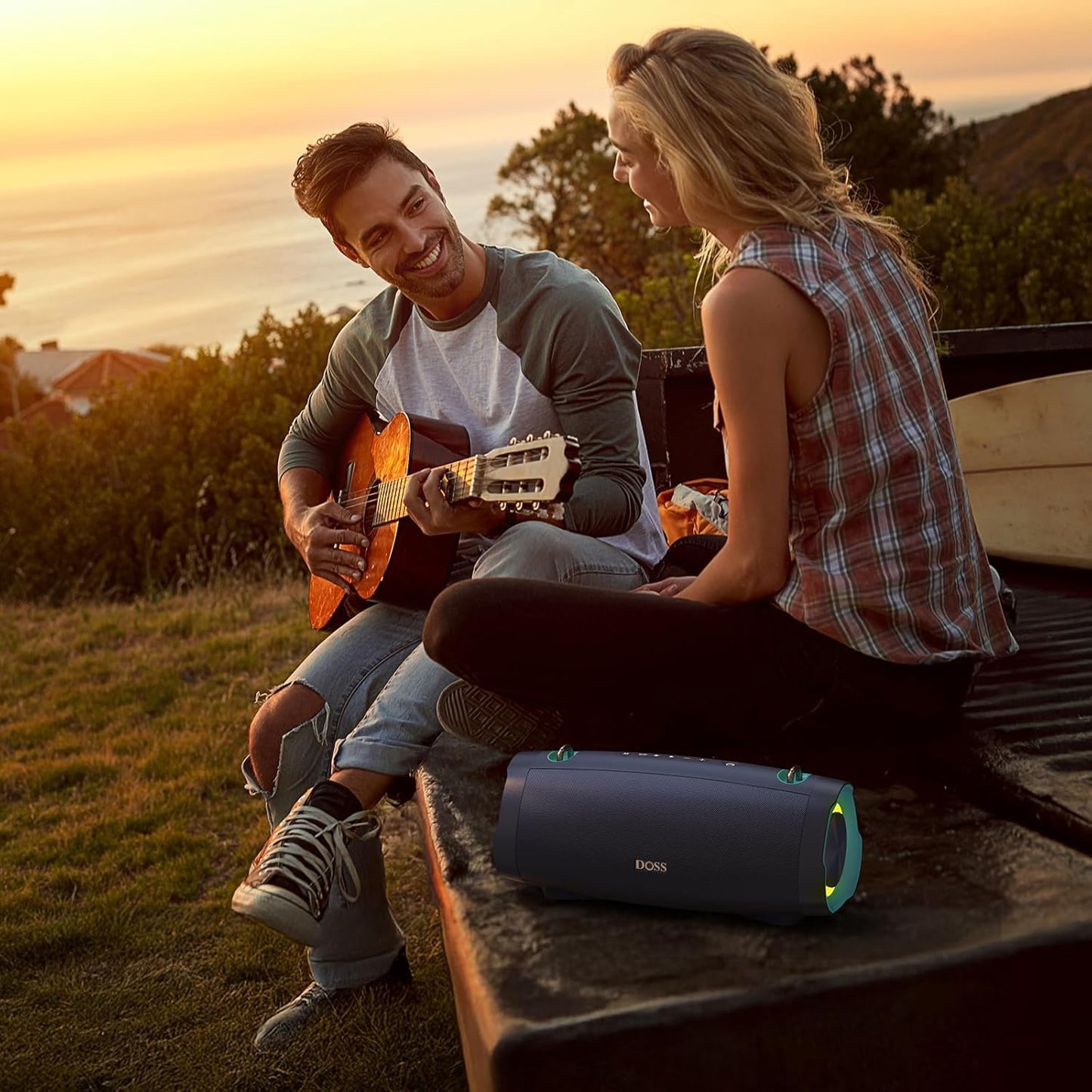DOSS Extreme Boom Pro D100 Bluetooth Speaker with 140W Peak, 70W Bold Sound, Extra Bass, 24H Playtime, Beat-Sync Lights, Built-in Battery Sharing, IPX6 Waterproof, Portable Strap for Outdoor-Blue