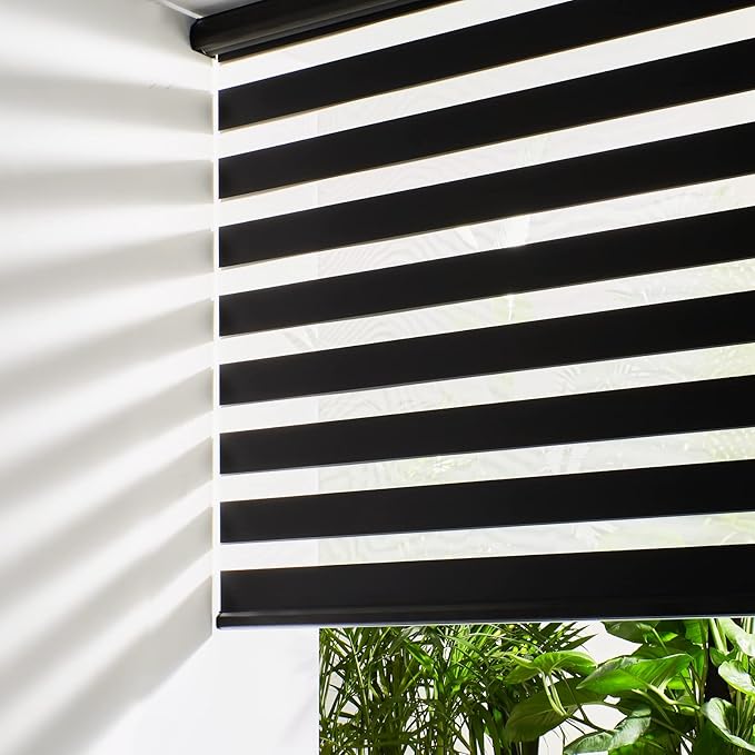 Persilux Cordless Zebra Blinds for Windows (58" W X 72" H, Black) Free-Stop Roller Windows Shades Dual Layer Light Control for Day and Night, Light Filtering Sheer Shades for Home, Easy to Install
