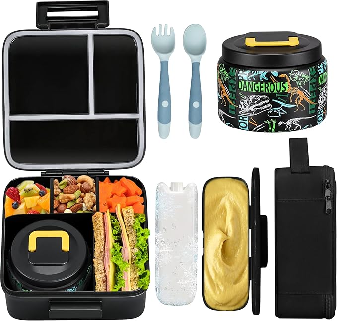 Bento Lunch Box for Kids With 8oz Soup thermo,Leak-proof Lunch Containers with 5 Compartment,thermo Food Jar and Lunch Bag, Food Containers for School (A-Black(Dinosaur Fossil))