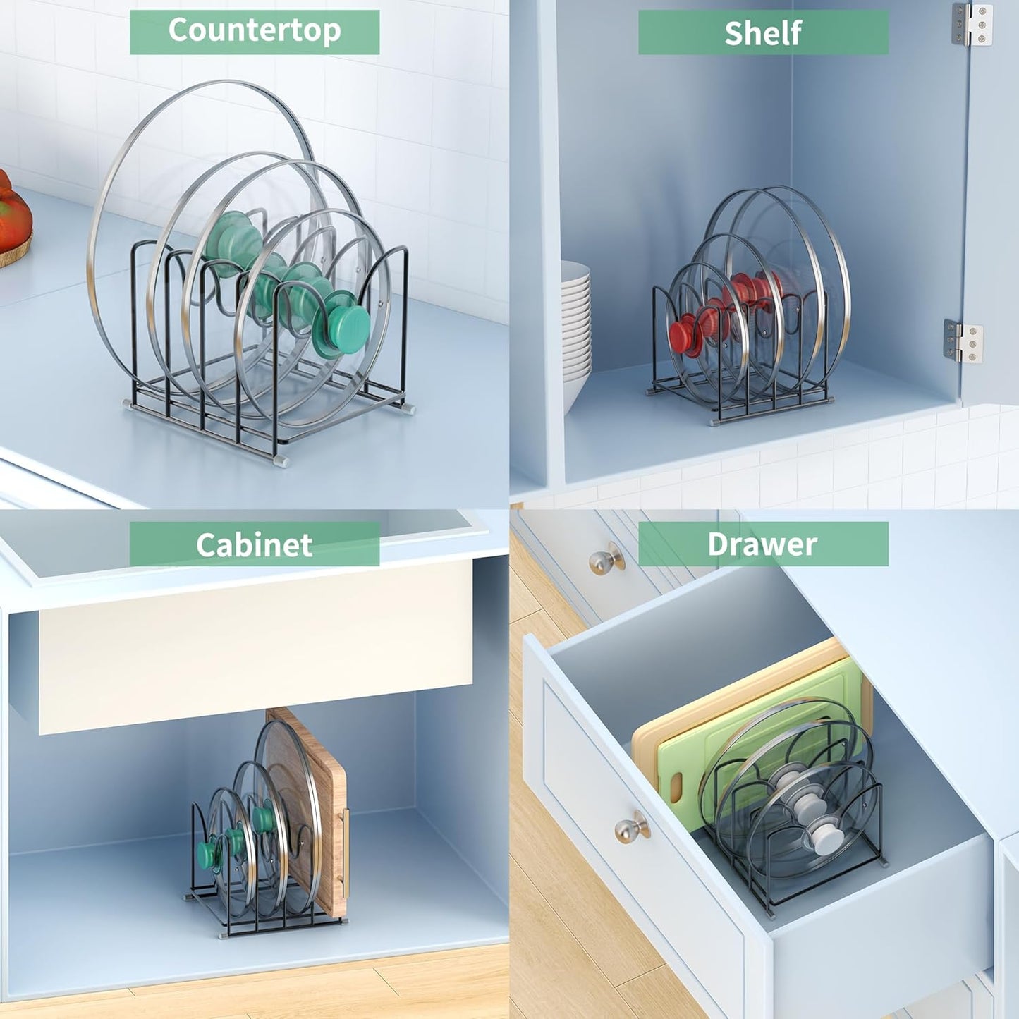 Pot Lid Organizer Rack,1.6in Wide Cutting Board Organizer for Pan Lids,Baking Sheets,Cookie Sheets, with 4 Slots,Cutting Board Holder Rack(1PC-Large)