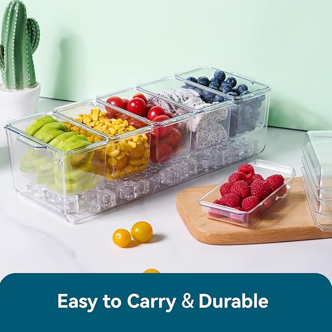 2 Pack Chilled Condiment Tray Server with 5 Containers and Removable Compartments, Large Ice Condiment Organizer, Clear Garnish Serving Platter for Kitchen, Fruit, Salad, Food, Bar Accessories