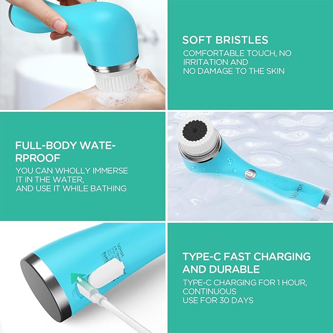 VOYOR Facial Cleansing Brush Rechargeable, Spin Face Brush Waterproof 5-in-1 Body Brush Set for Deep Skin Cleansing, Gentle Exfoliating and Massaging FB500 (Blue)