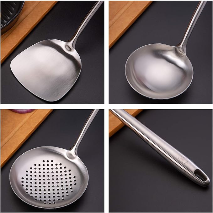 Wok spatula and ladle,Skimmer Ladle Tool Set, Chinese Wok Utensil Set, All metal 304 Stainless Steel Cooking Utensils(15in,15in,14in)