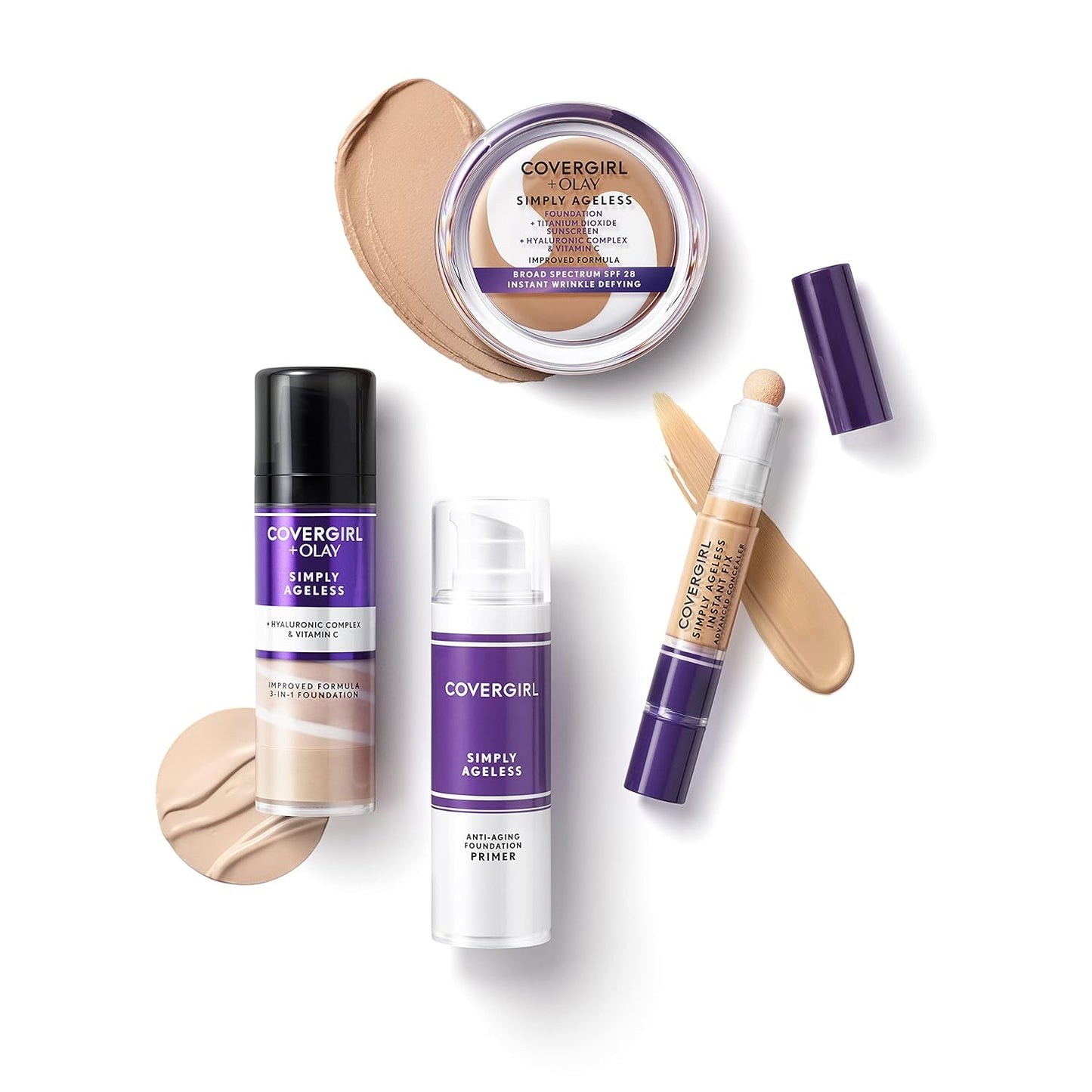 COVERGIRL Simply Ageless Instant Wrinkle Defying Foundation, SPF 28, Hyaluronic Complex & Vitamin C - 225 Buff Beige, Pack of 1