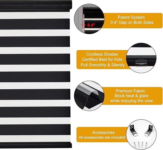 Persilux Cordless Zebra Blinds for Windows Free-Stop Roller Window Shades (39" W X 72" H, Black) Dual Layer Light Control for Day and Night, Light Filtering Sheer Shades for Home, Easy to Install