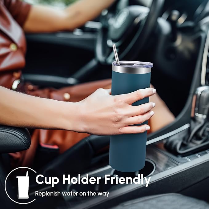 Volhoply 8 Pack Skinny Tumblers with Lid and Straw, 20oz Stainless Steel Straight Tumbler Bulk, Vacuum Insulated Coffee Mug for Home, Office, Travel, DIY (Dark Green,8 Pack)