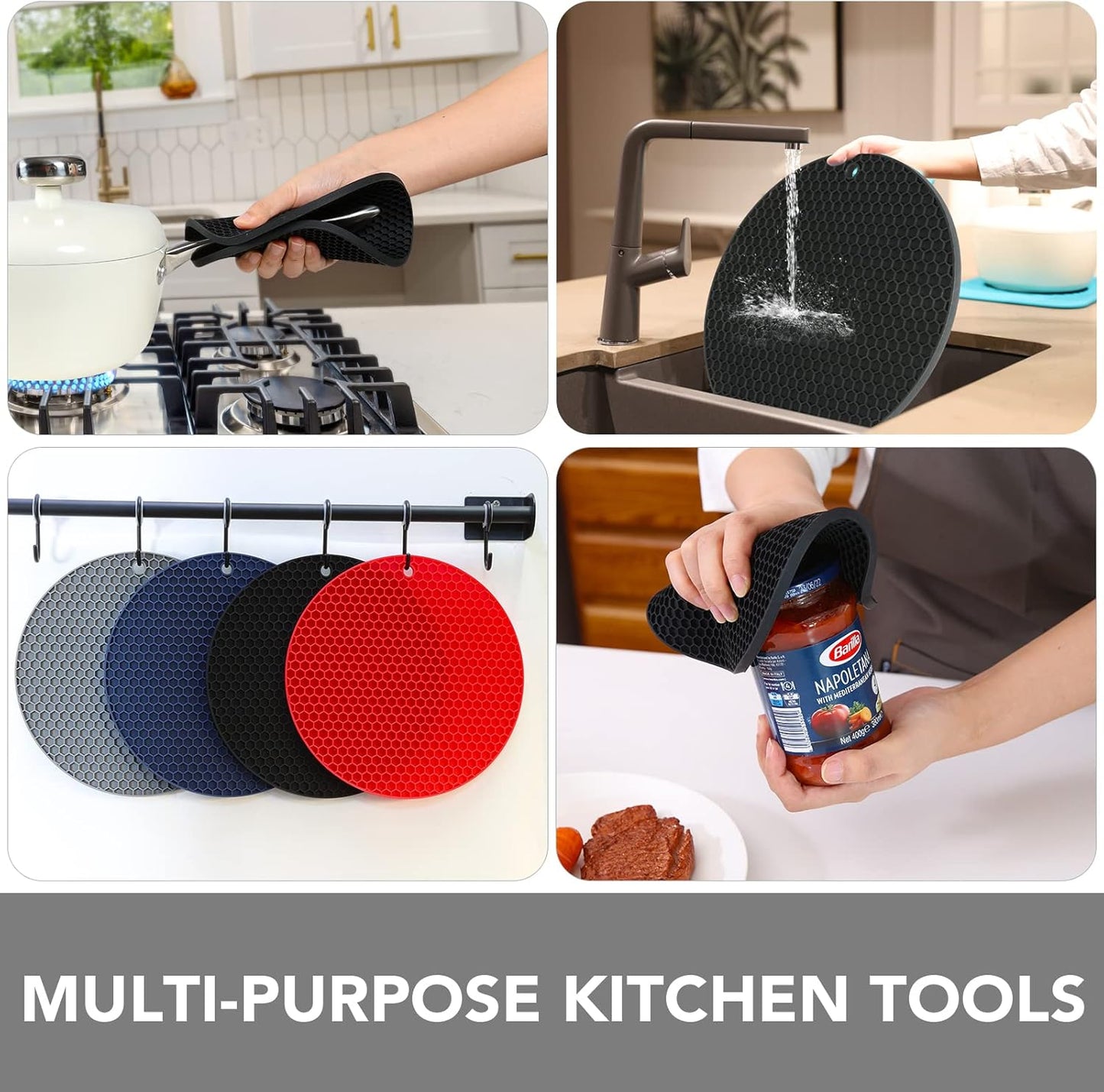 Joyhalo Trivets for Hot Dishes - Hot Pads for Kitchen, Silicone Pot Holders for Hot Pots and Pans, Silicone Mats for Kitchen Countertops, Table, Flexible Easy to Wash and Dry, Grey