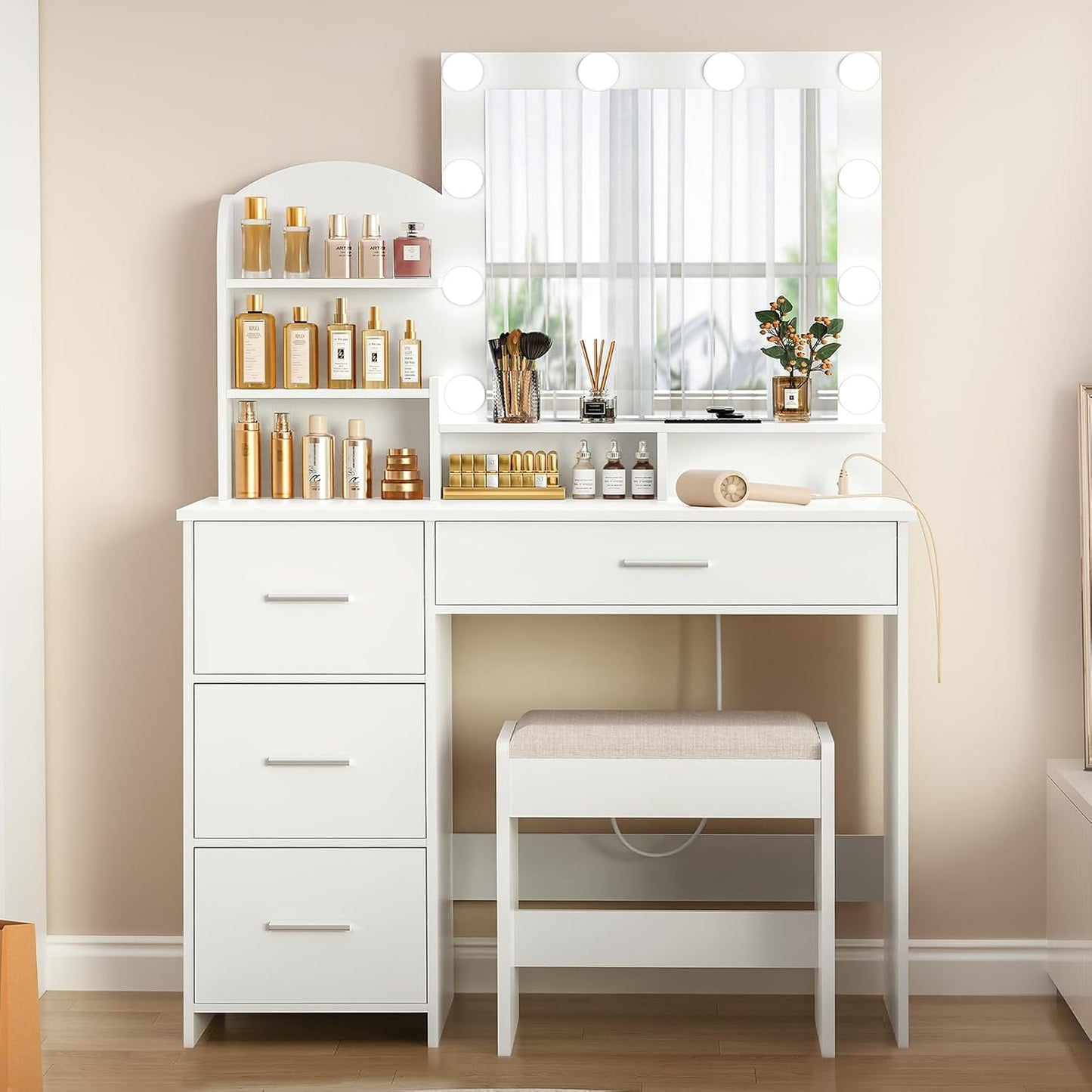 Quimoo Makeup Vanity with 10 Light Bulbs and Charging Station, Vanity Desk with Lighted Mirror & 4 Drawers, Vanity Table Set with Cushioned Stool, White