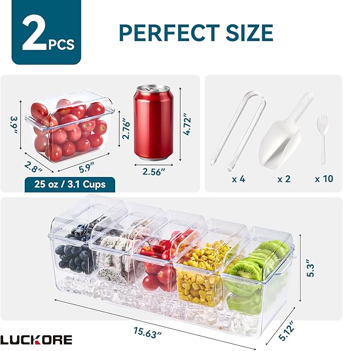 2 Pack Chilled Condiment Tray Server with 5 Containers and Removable Compartments, Large Ice Condiment Organizer, Clear Garnish Serving Platter for Kitchen, Fruit, Salad, Food, Bar Accessories