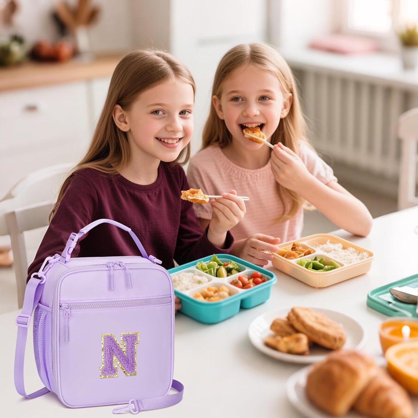 Initial Insulated Lunch Bag for Girls Kids, Back to School Gift, Reusable Leak-proof Lunch Box with Adjustable Strap for School Daycare Travel Picnic (Purple,N)