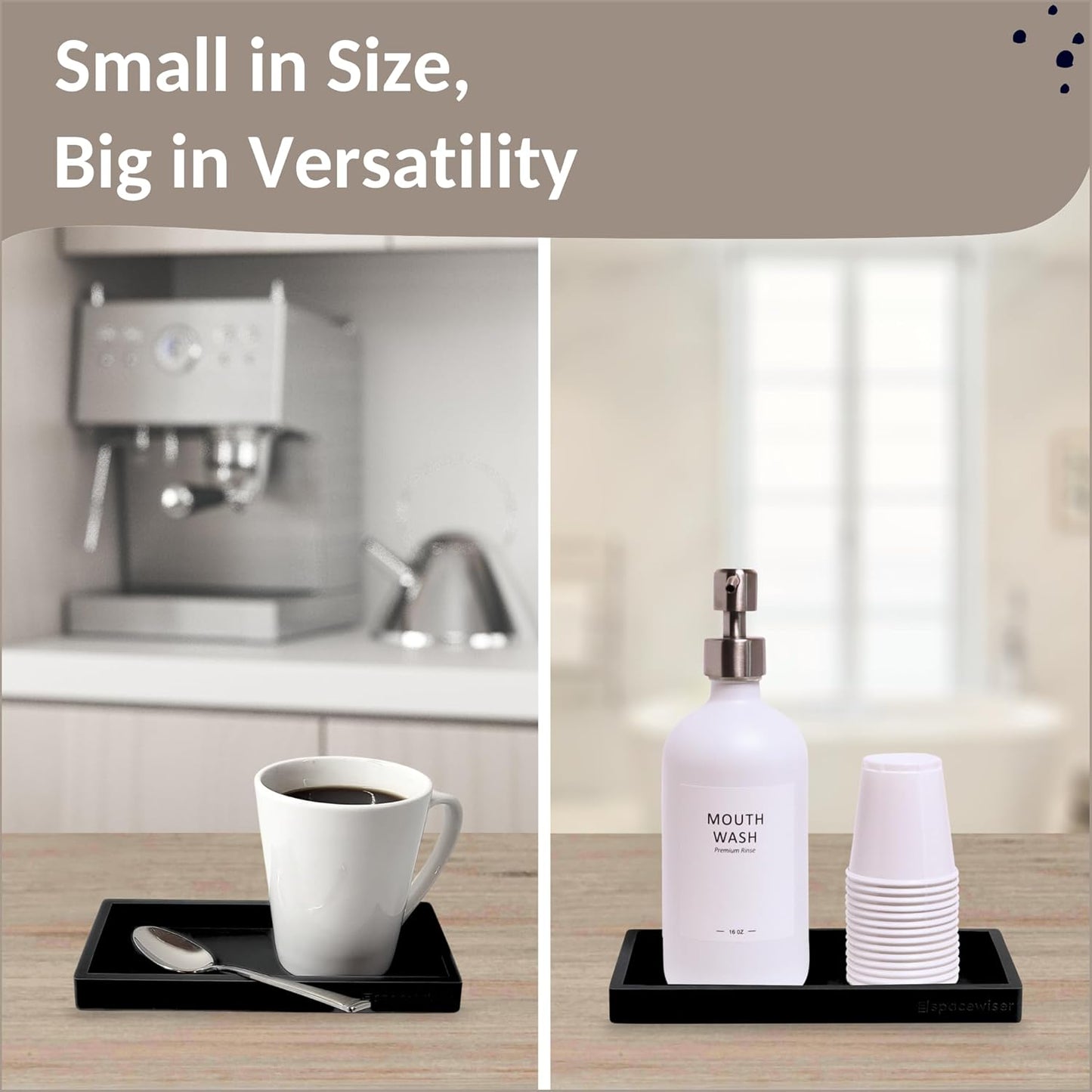 Countertop and Vanity Tray – Small 7.7” Silicone Tray, Soap Dispenser Trays, Bathroom Trays, Kitchen Soap Holder Sink Organizer Counter Caddy for Soaps Bottle Keys, Sponge Holder Dish Black