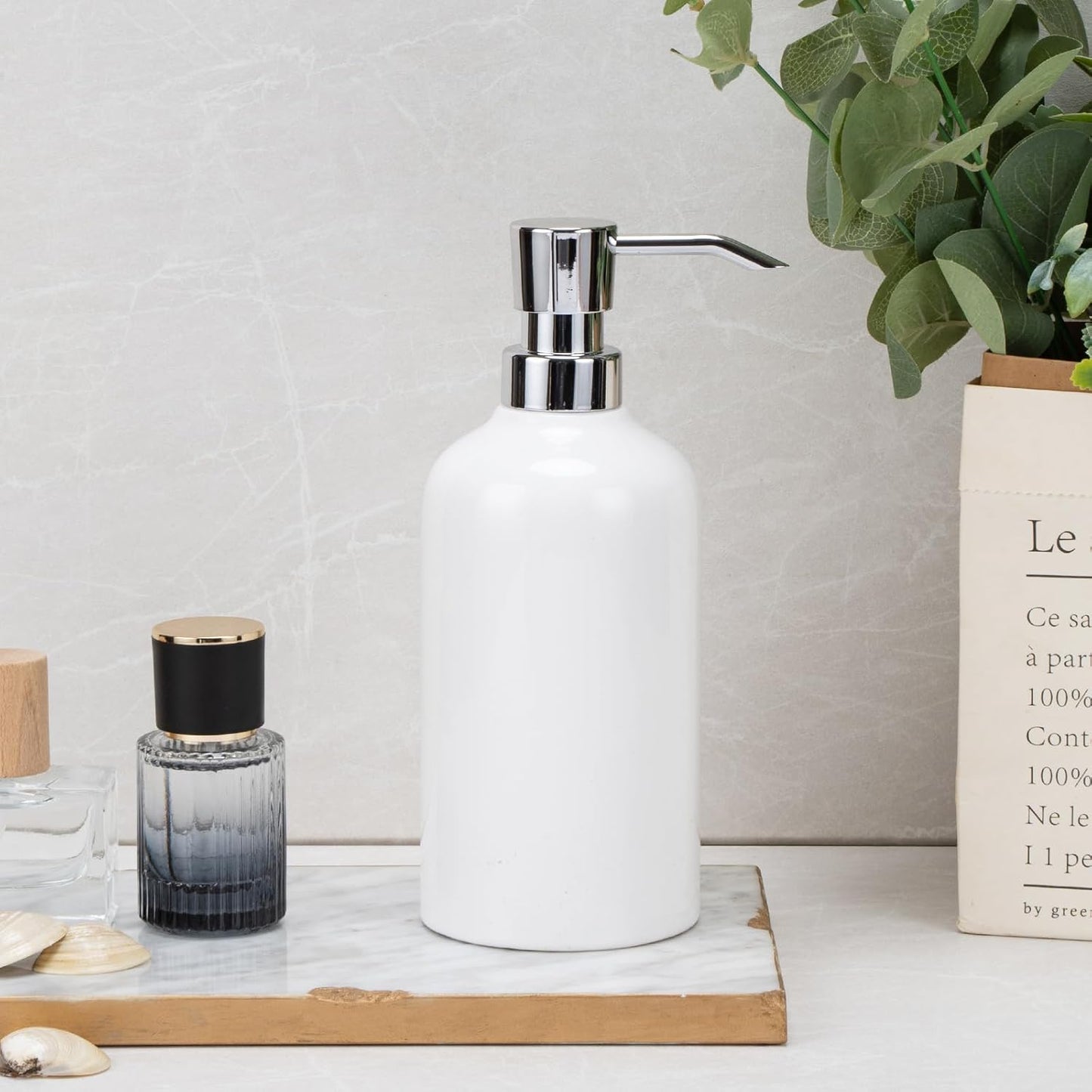 Ceramic White Soap Dispenser Bathroom, 2 Pcs 16.9oz Hand Soap Dispenser for Kitchen, Hotel