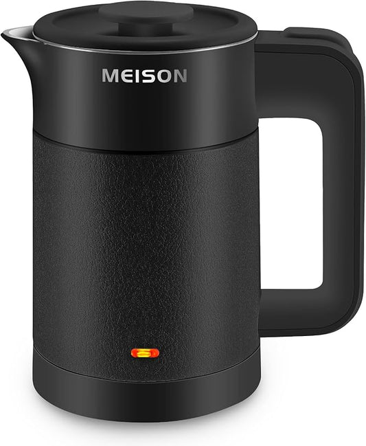 0.6L Small Electric Kettles Stainless Steel, Travel Mini Hot Water Boiler Heater, Double Wall Cool Touch Portable Teapot, Auto Shut-Off & Boil-Dry Protection, 120V/800W, 2 Year Warranty (Black)