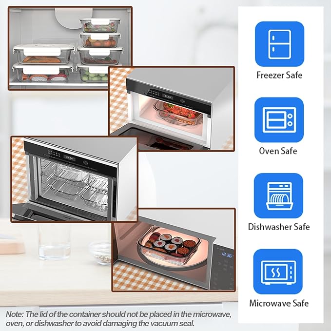 Vacuum Sealer & Food Storage Container for Food, Handheld Vacuum Pump For Glass Vacuum Storage Containers|2 compartment L [34.5 Oz-4 PACK] & 10 Reusable Food Saver Sealer Bags [8.5 Cups]