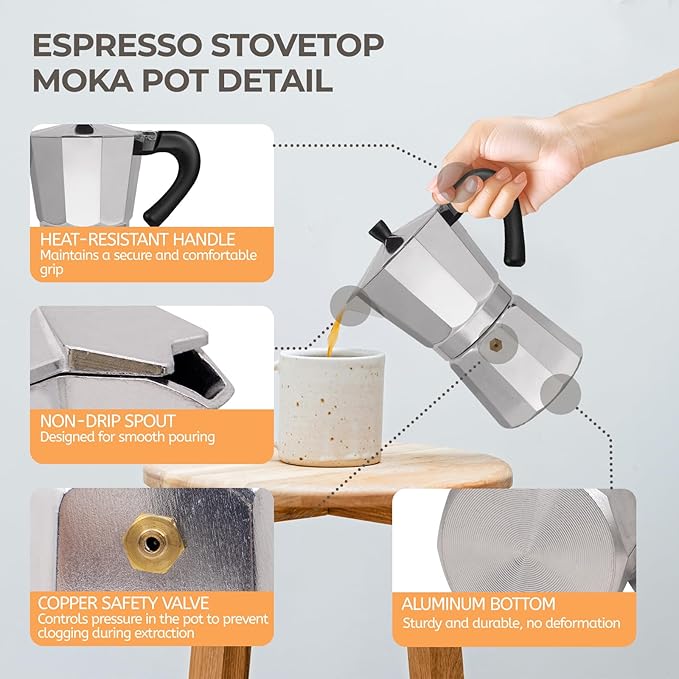 Aluminum 9 Cup 450ml Moka Pot Express Coffee Maker Stovetop Espresso Percolator Coffeemaker Italian Classic Style Brewing Greca Cafe Mocha Machine for Cafeteras Lover Camping Travel and Home Use 15oz