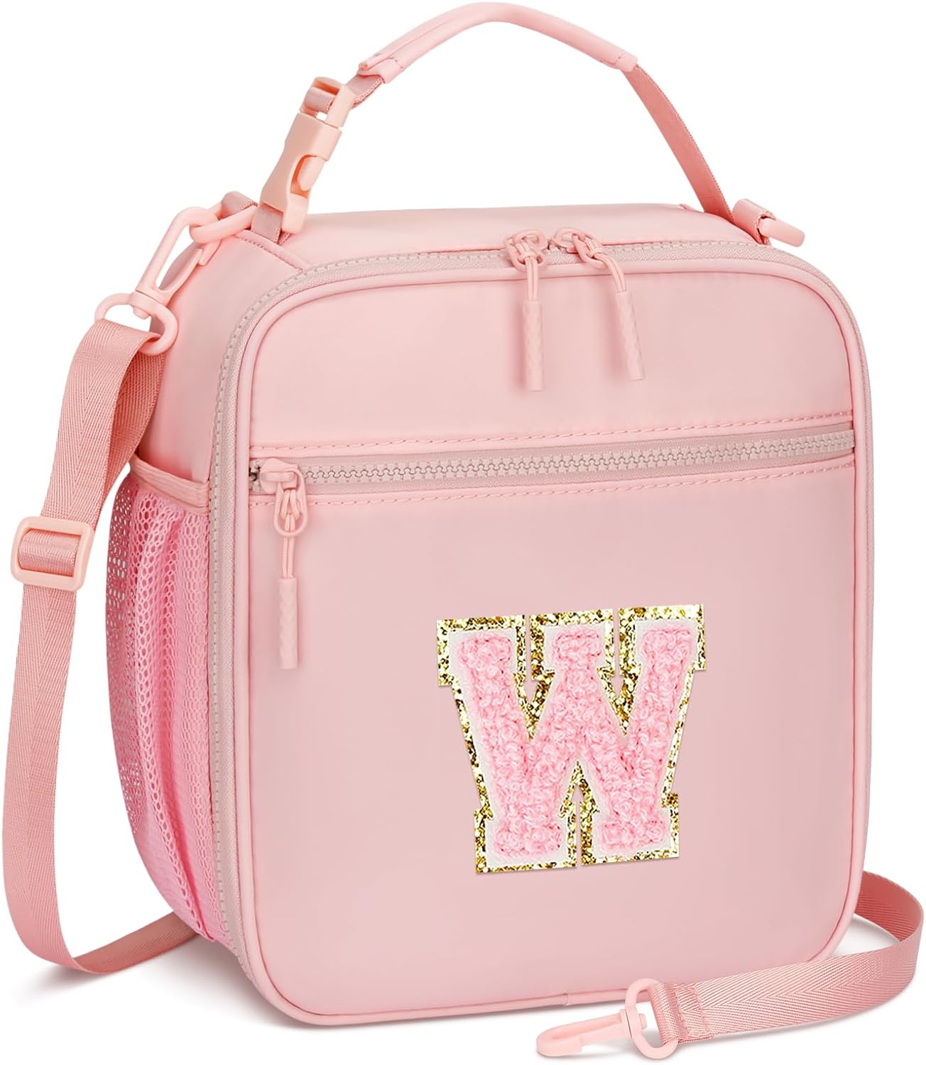 Initial Insulated Lunch Bag for Girls Kids, Back to School Gift, Reusable Leak-proof Lunch Box with Adjustable Strap for School Daycare Travel Picnic (Pink,W)