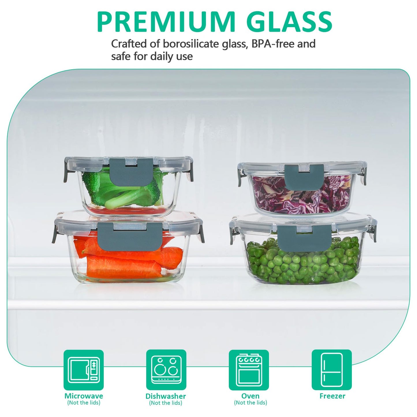KOMUEE 24 Pieces Glass Food Storage Containers Set,Glass Meal Prep Containers-Stackable Airtight Glass Storage Containers with lids,Freezer, Microwave, Oven Safe,Gray