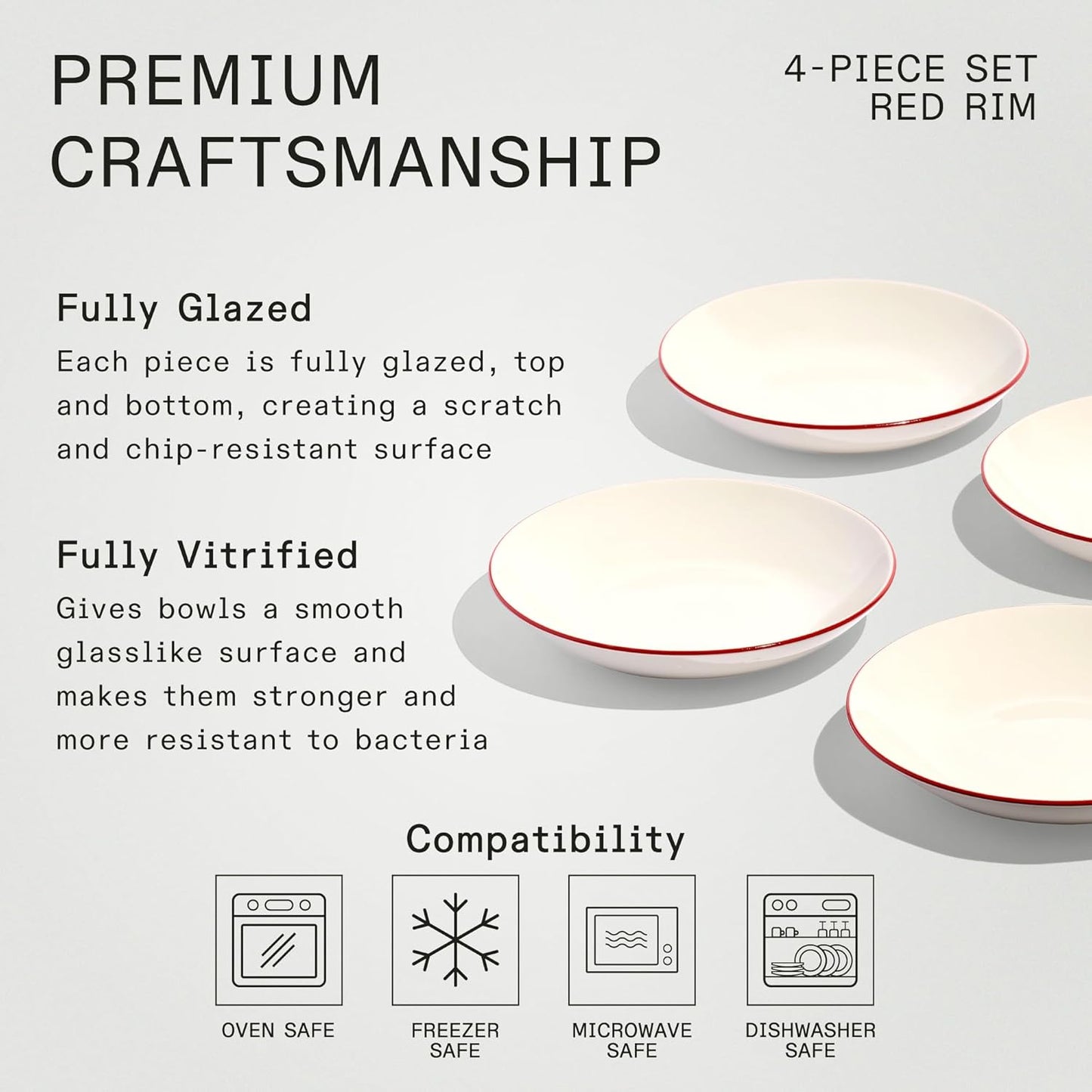 Made In Cookware - Set of 4 - Entrée Bowls - White With Red Rim - Porcelain - Crafted in England