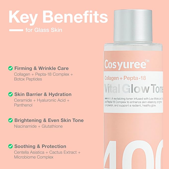 Collagen + Pepta-18 Vital Glow Toner, pH 5.5 Toner, pH Balancing, Absorbing Boost, Calming Skin, Refreshing, Hydrating, Purifying, Korean Skincare, 200ml/6.76 fl.oz