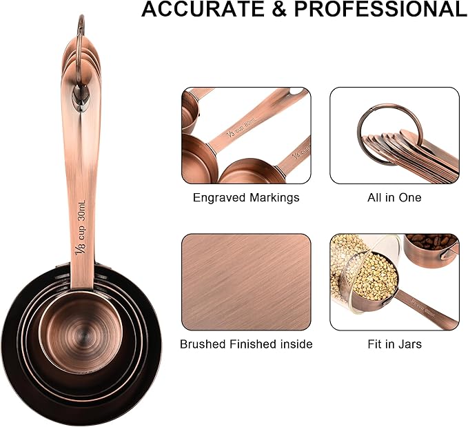Measuring Cups and Spoons Set, Copper Measuring Cups and Spoons Set for Kitchen & Baking, Stainless Steel 5 Measure Cups & 6 Spoons for Drying&Liquid, US & Metric Measuing Tool
