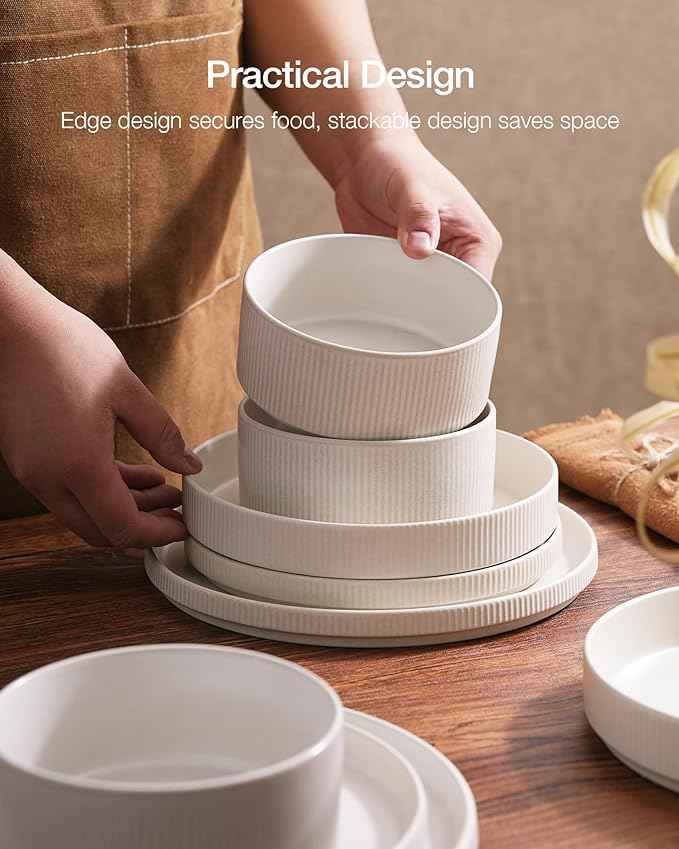 famiware Star Dinnerware Set with Pasta Bowls, Service for 6 (24 Pieces), Ribbed Stoneware Plates and Double Bowls Sets - Chip & Scratch Resistant, Microwave & Dishwasher Safe Dishes, Matte White