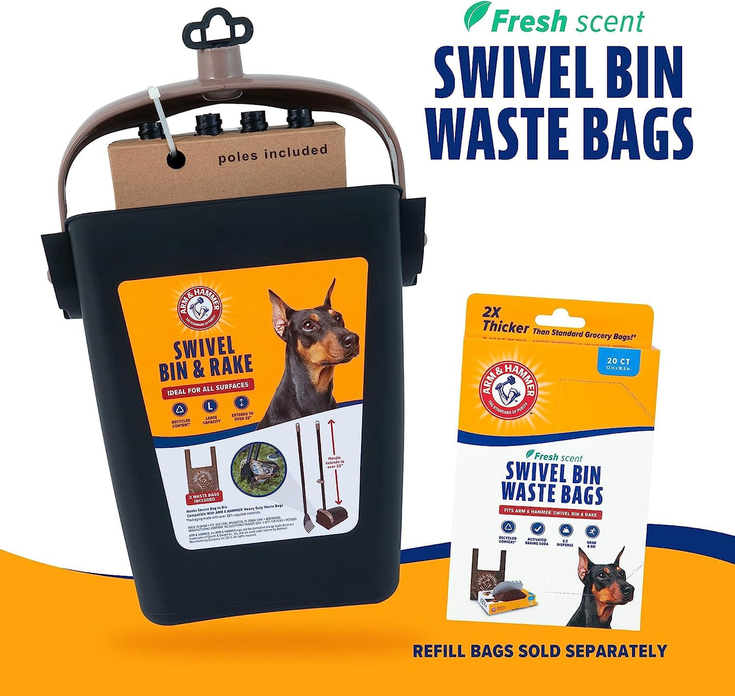 Arm & Hammer Dog Pooper Scooper Swivel Bin & Rake, Poop Scoop for Dogs, Black (2 Heavy Duty Scented Waste Bags Included)