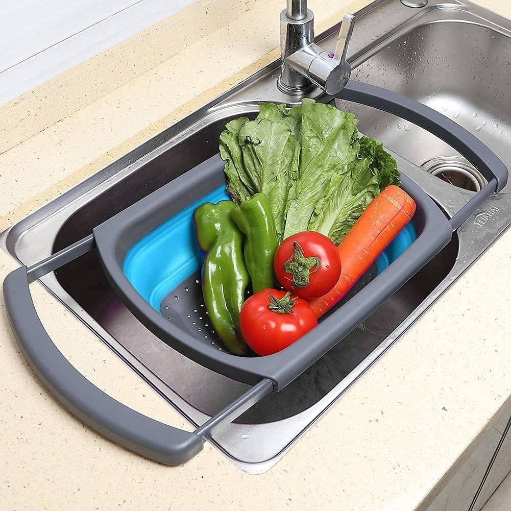 Collapsible Colander Strainer with Extendable Handles - Over the Sink Vegetable/Fruit Colanders Strainers for Kitchen, Capacity of 6 quart (Blue)