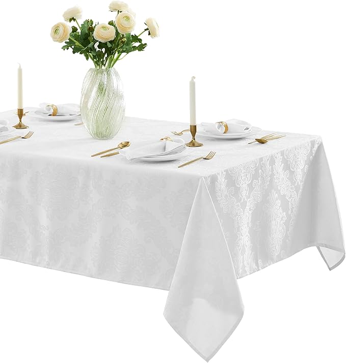 Newbridge Barcelona Luxury Damask Fabric Tablecloth, 60” Wide x 84” Rectangle, White, 100% Polyester, No Iron, Soil Resistant Dining Room, Party and Banquet Table Cover