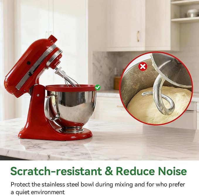 1PCS Silicone Bowl Liners with Lids,5Qt Tilt-Head Silicone Liners for Kitchenaid Stand Mixer,Odourless,Thicker, Cold/Heat-Resistant & Non-Stick, Easy Clean(Red)(with Oven mitts)