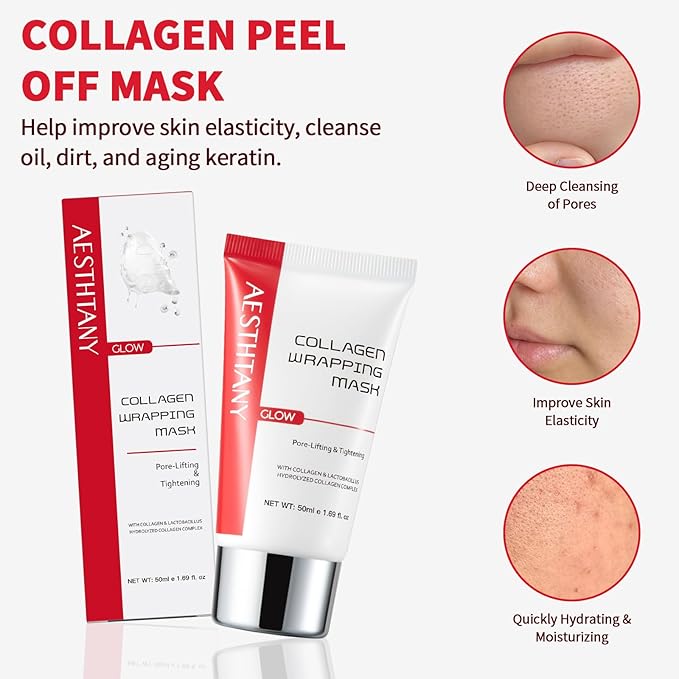 Collagen Peel Off Mask with Peptides and 4D Hyaluronic Acid for Firming, Hydrating, Pore Minimizing, and Fine Line Reduction