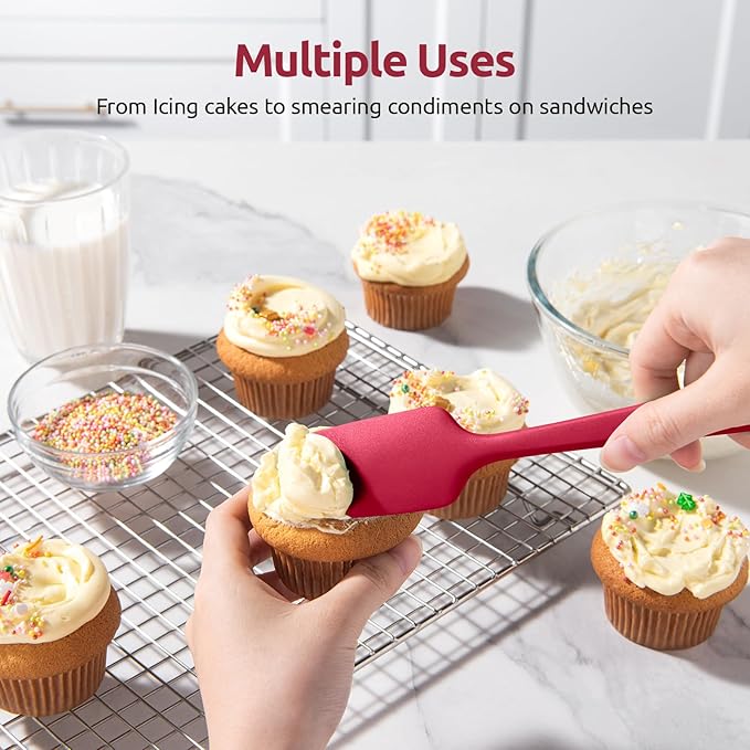 U-Taste Silicone Spatula Set: 600ºF High Heat Resistant, Seamless Food Grade Flexible Rubber Kitchen Cooking Mixing Baking Scraper for Nonstick Cookware Set of 3 (Red)