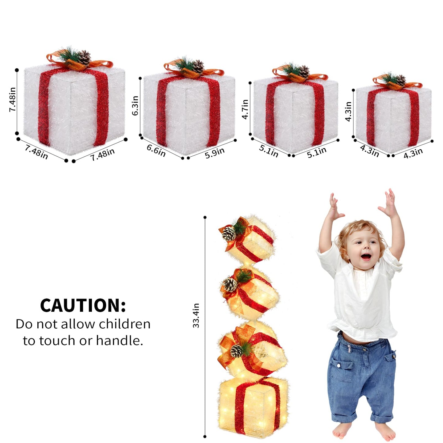 COVFEVER Christmas Lighted Gift Boxes Decorations Set of 4, 2.8Ft Stackable Christmas Nesting Boxes Battery Operated for Home and Party Decoration (8"-6"-5"-4", Red Bow)