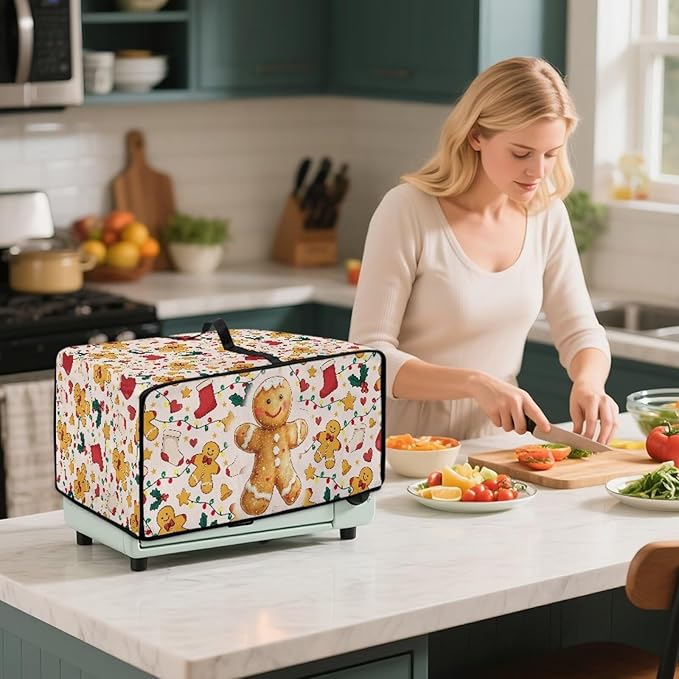 Countertop Convection Oven Cover Dust-Proof Toaster Oven Cover with Accessories Pockets, Countertop Convection Oven Protector, M, Gingerbread Man Christmas String Lights