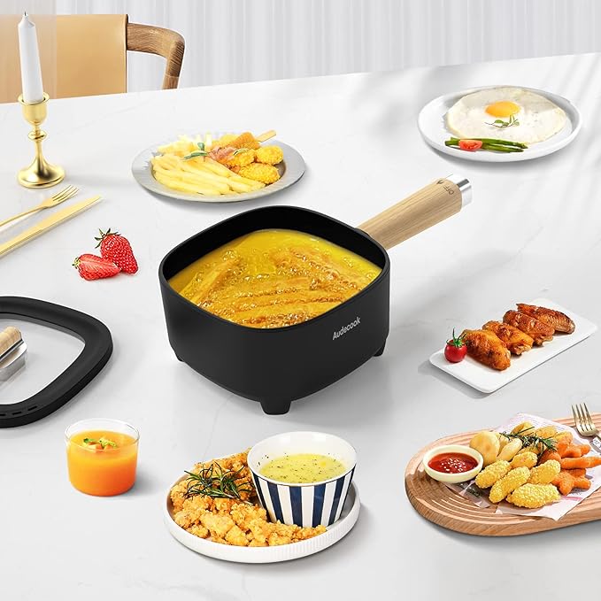 Audecook Hot Pot Electric 2L, Cermic Glaze Non-Stick Frying Pan 8 Inch, Portable Travel Cooker for Ramen/Steak/Fried Rice/Oatmeal/Soup, with Dual Power Control (Silicone Spatula Included)