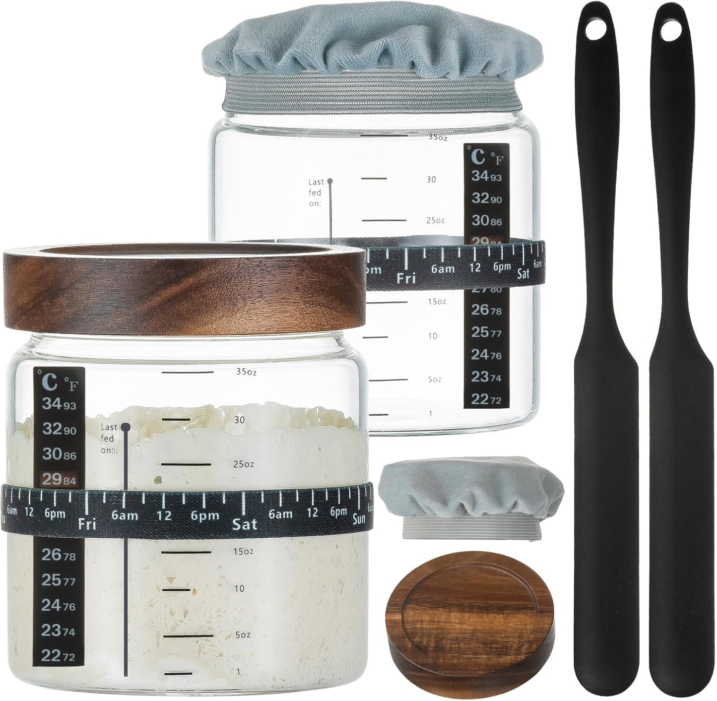 Wissy&Konny Sourdough Starter Jar 2Pack 35OZ with Ounce Scale Line,Date Marked Feeding Band, Thermometer, Sourdough Jar Scraper, Cloth Cover & Wood Lid, Wide Mouth for Sourdough Bread Baking