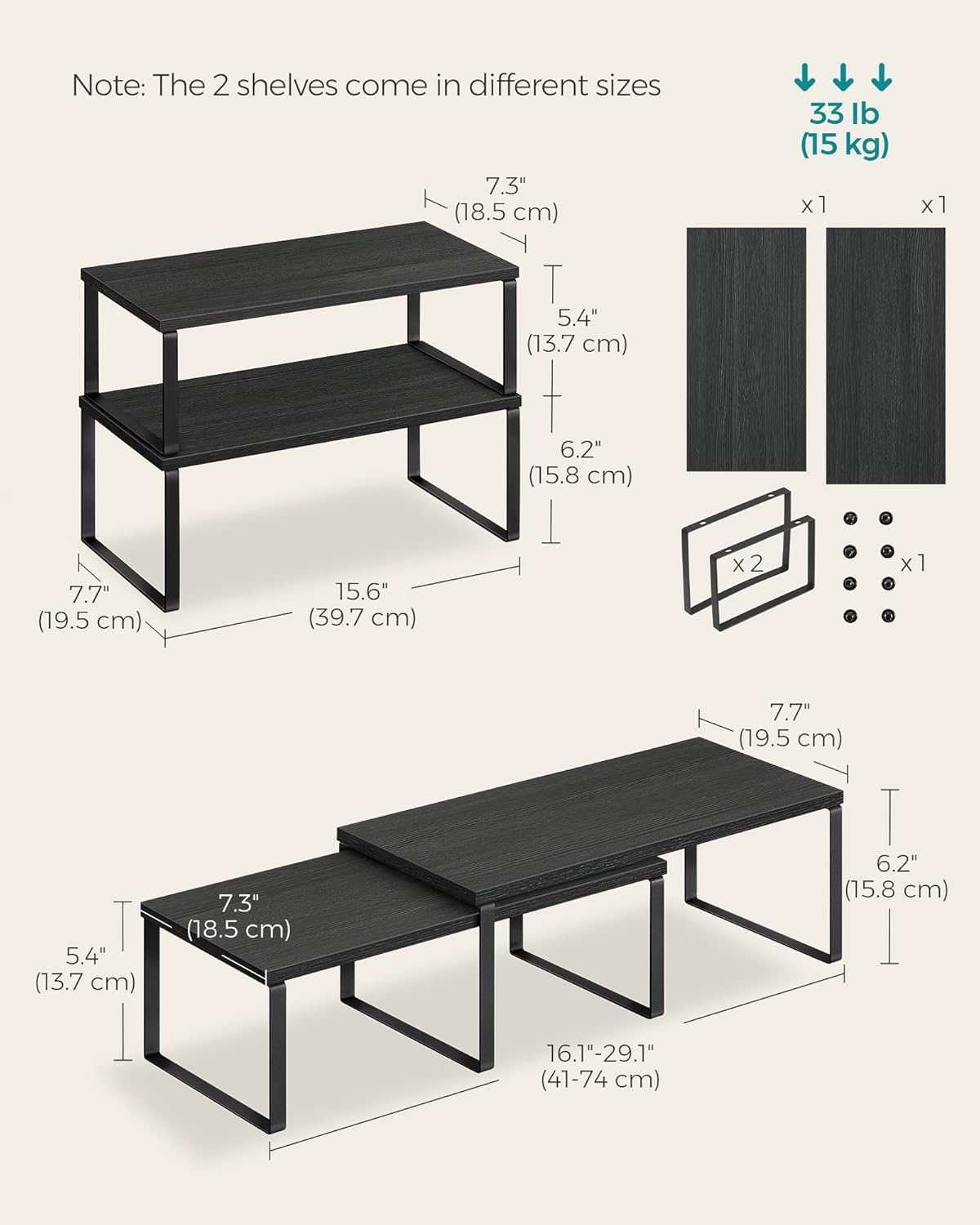SONGMICS Cabinet Organizer Shelf, Set of 2 Kitchen Counter Shelves, Kitchen Storage, Spice Rack, Stackable, Expandable, Metal and Engineered Wood, Ink Black and Charcoal Black UKCS025B01