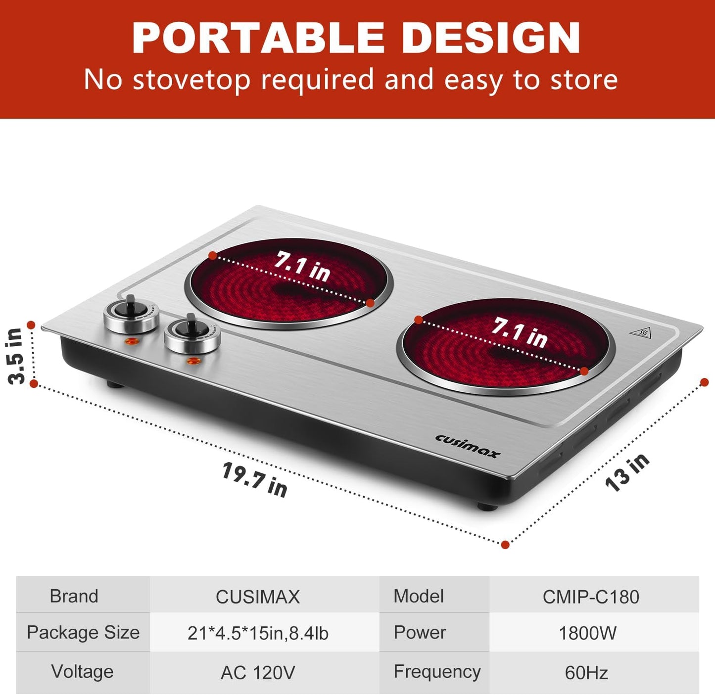 Hot Plate,Cusimax Dual Infrared Burner, Electric Ceramic Glass Stove,Adjustable Temperature Control,Stainless Steel,Compatible of all Cookware,Easy Clean for Home, Dorm, Office