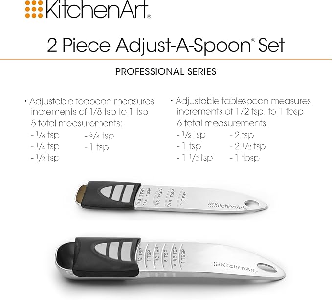 KitchenArt Stainless Steel Pro Sliding Adjust-A-Tablespoon and Teaspoon, Adjustable Measuring Spoon Set