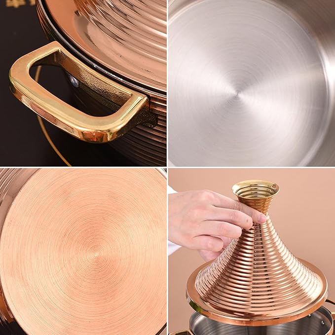 Moroccan Tagine Cooking Pot,Stainless Steel Non Stick Moroccan Casserole with 2 Handles,Large Moroccan Cooker Handmade Tagine Pot with Cone-Shaped Lid(29cm, Rose Gold)