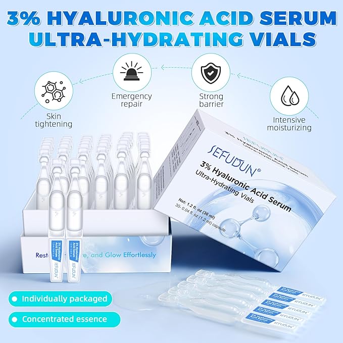 3% Pure Hyaluronic Acid Face Serum, Ultra-Hydrating Vials, Hydrate & Reduce Wrinkles, Fragrance Free 1.2 fl.oz