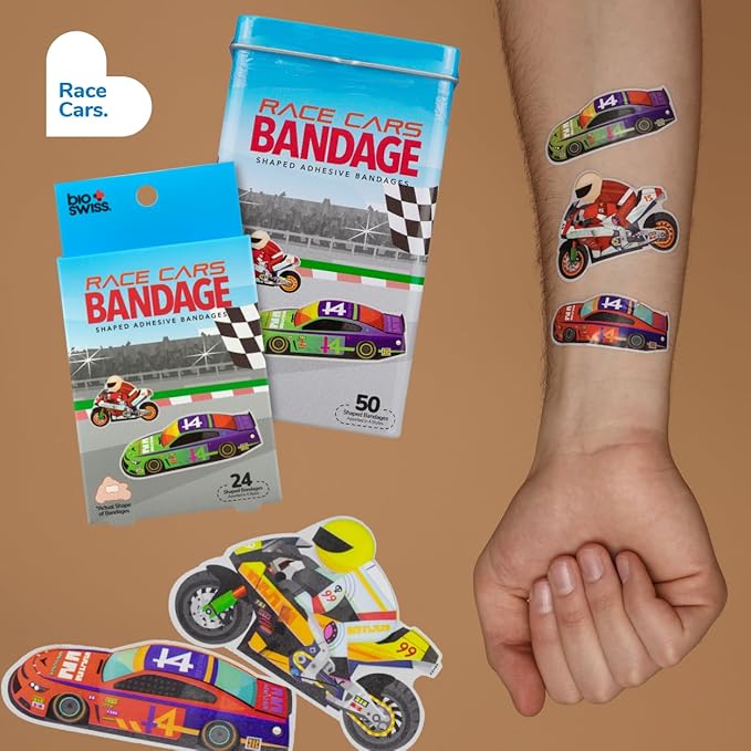 BioSwiss Bandages, Race Cars Shaped Self Adhesive Bandage, Latex Free Sterile Wound Care, Fun First Aid Kit Supplies for Kids and Adults, 24 Count