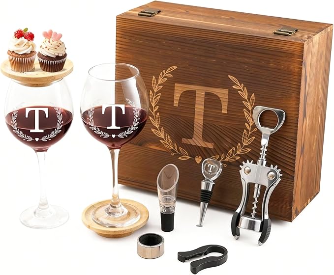 GZLDGIFTS Personalized Initial Wine Glasses Box Gift Set For Women Mom Engraved Birthday Monogrammed Wooden Christmas Gifts Wedding Anniversary Wine Couples Stopper Opener Initial Letterr (T Set)